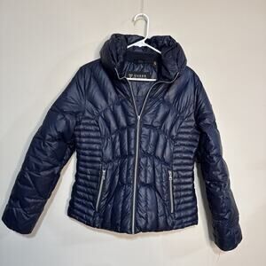 Guess Womens Jacket Quilted Puffer Insulated Zip Front Mock Collar Navy Blue M